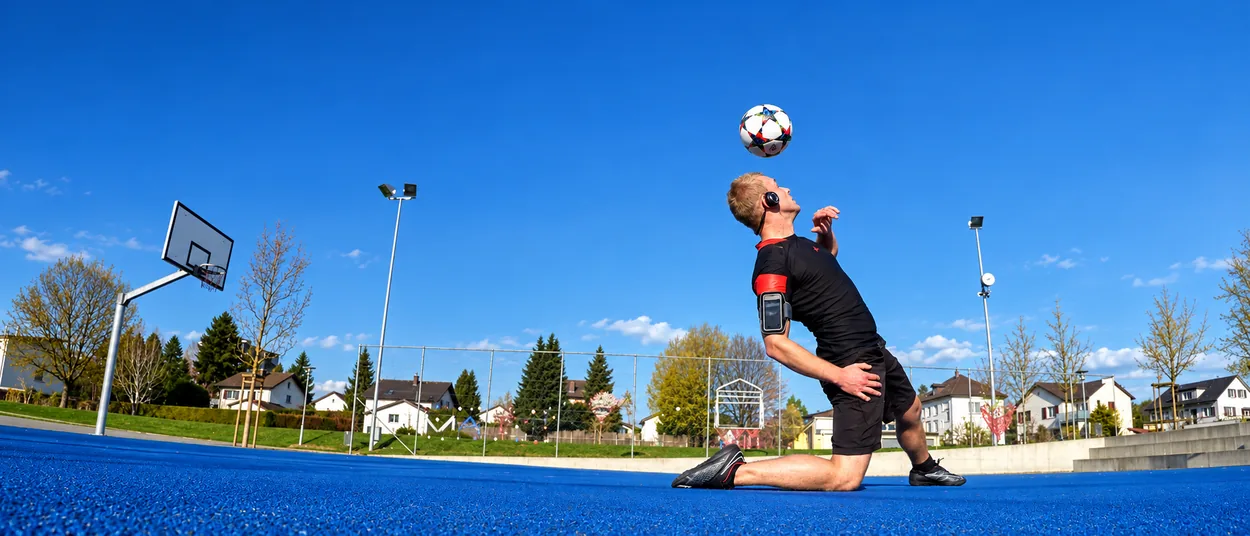 Aeroskiller kniet auf blauem Platz und balanciert den Ball über der Stirn